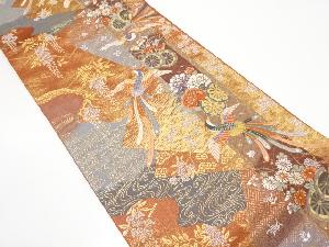 尾長鳥に花車・古典柄織り出し　袋帯